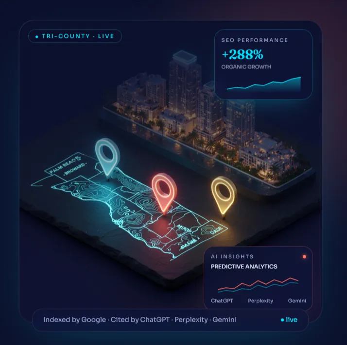 South Florida tri-county neon map diorama — Palm Beach, Broward and Miami-Dade with live SEO performance and AI insights overlays