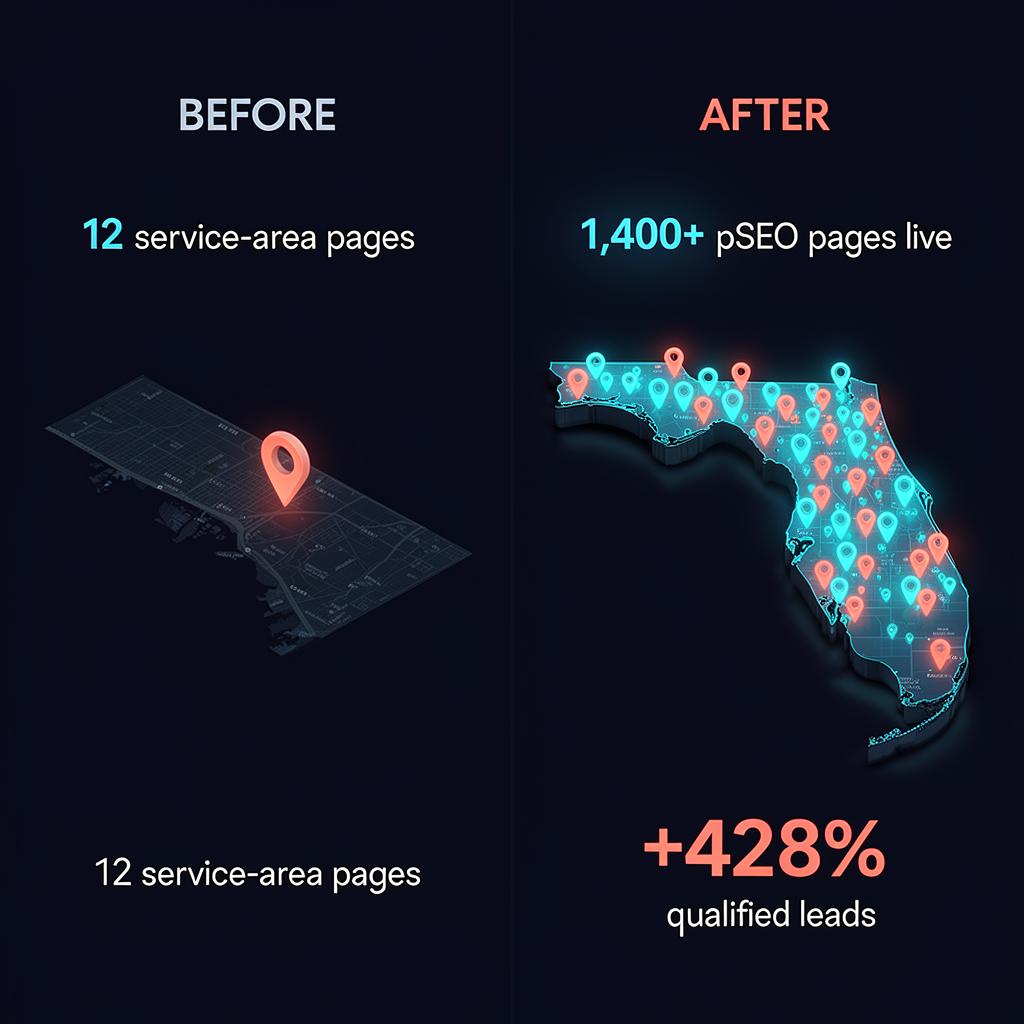 Before-and-after map of Broward County HVAC service-area coverage, from 12 pages to 1,400+ programmatic SEO landing pages across 12 counties