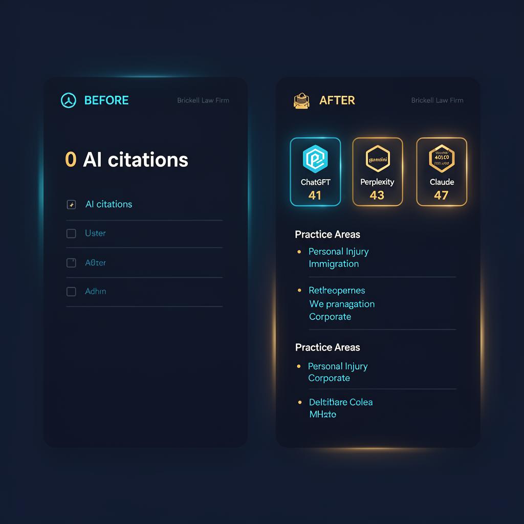 Before-and-after AI citation tracker comparing 0 mentions to 47 verified citations across ChatGPT, Perplexity, Gemini and Claude for a Brickell law firm