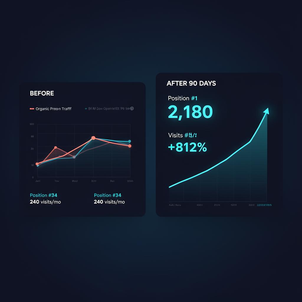 Before-and-after analytics dashboard showing organic search growth for a Boca Raton med spa, from position #34 with 240 visits per month to position #1 with 2,180 visits per month