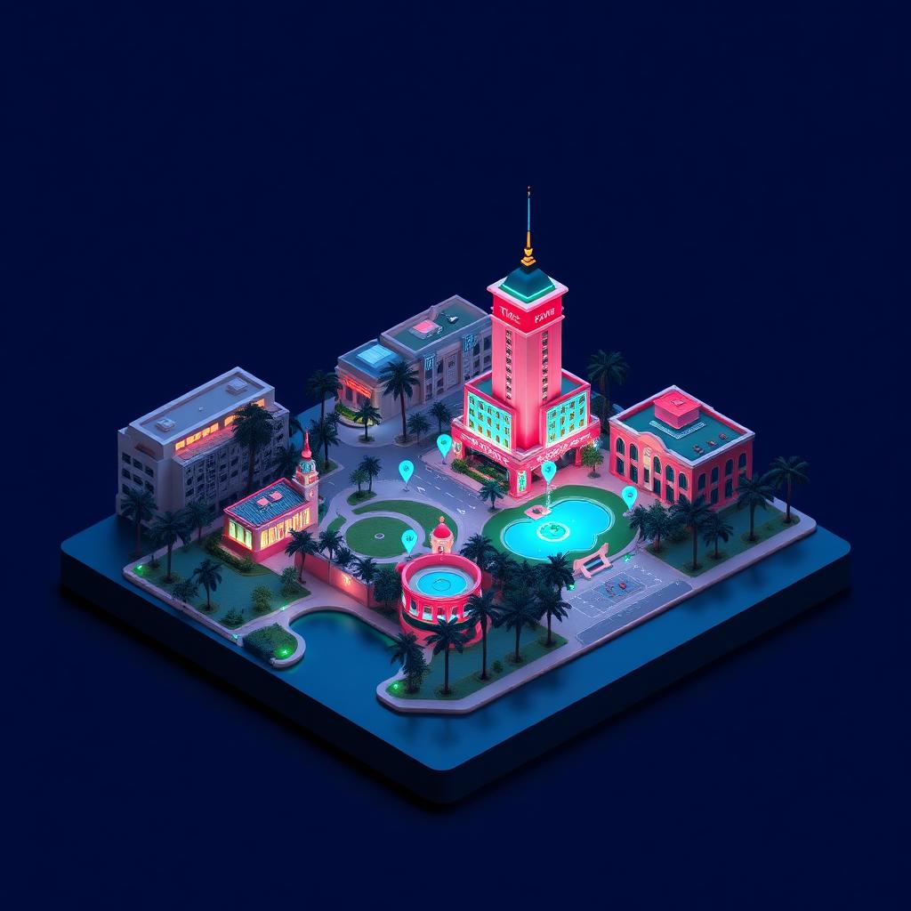 3D isometric diorama of BOCA RATON · CONVERSION RATE OPTIMIZATION with neon map pins on the county outline