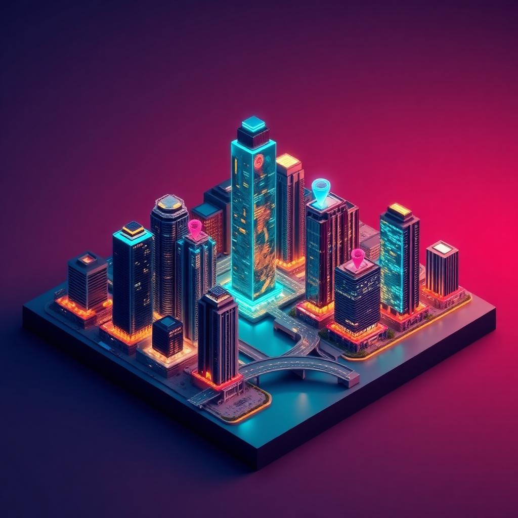 3D isometric diorama of BRICKELL · MIAMI-DADE COUNTY with neon map pins on the county outline