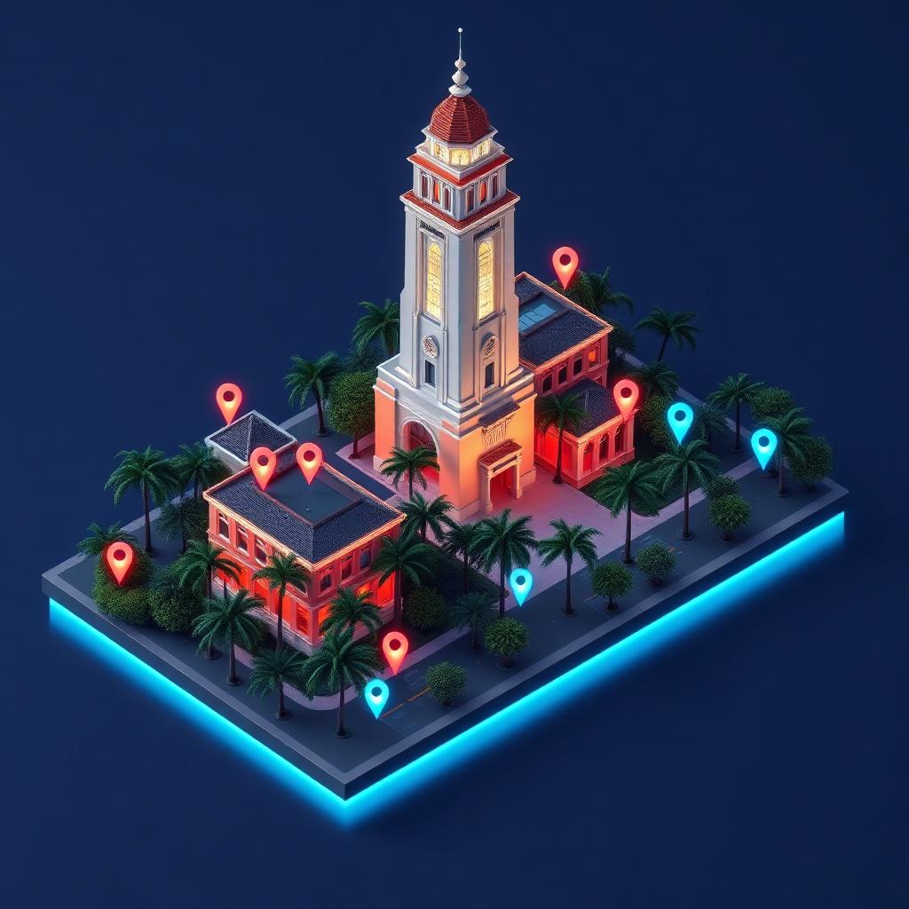 3D isometric diorama of CORAL GABLES · WEB DEVELOPMENT with neon map pins on the county outline