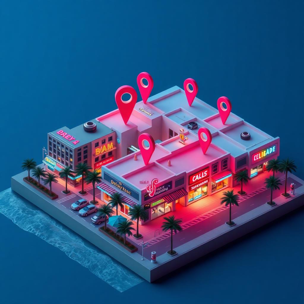 3D isometric diorama of DELRAY BEACH · CONVERSION RATE OPTIMIZATION with neon map pins on the county outline