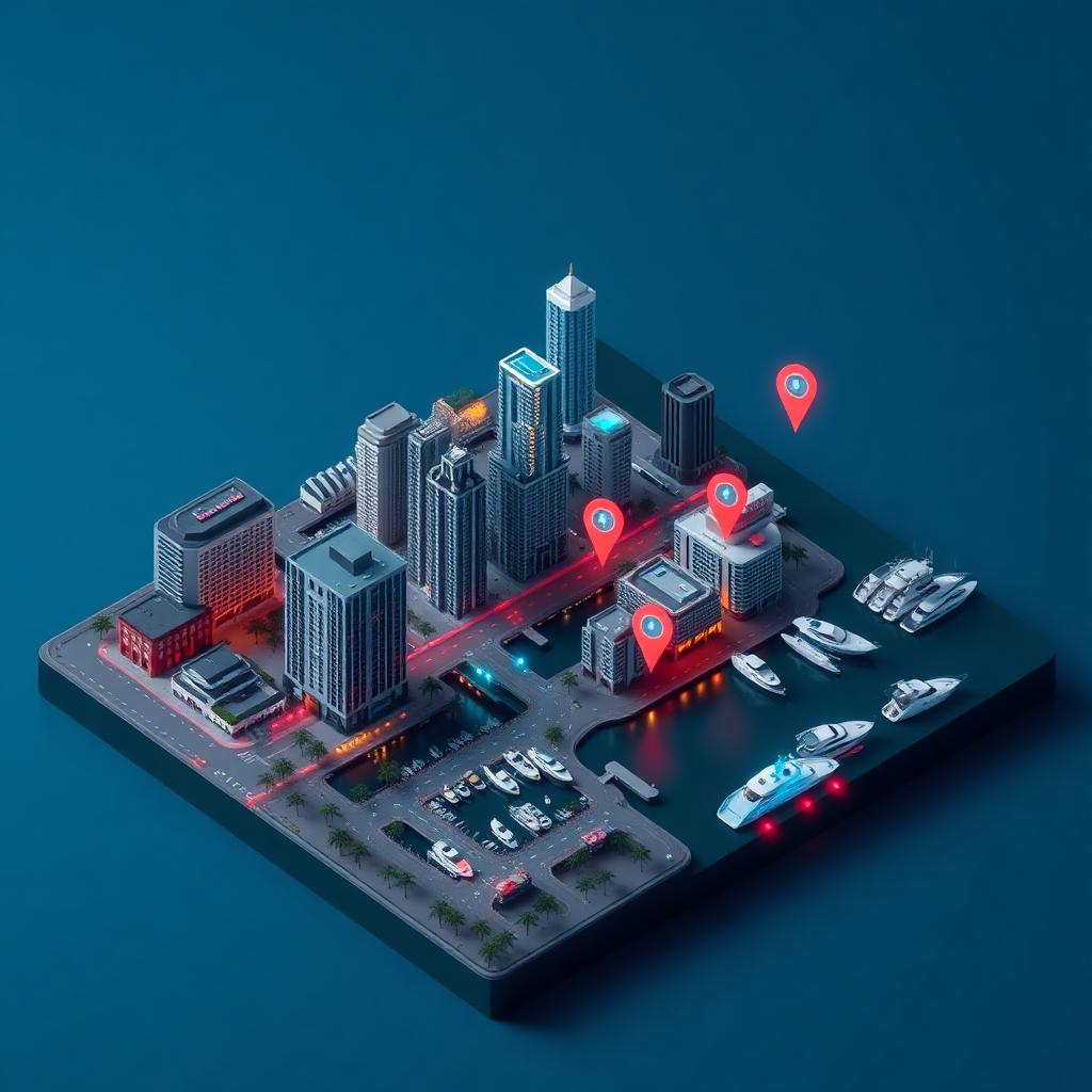 3D isometric diorama of FORT LAUDERDALE · ELECTRICIANS with neon map pins on the county outline