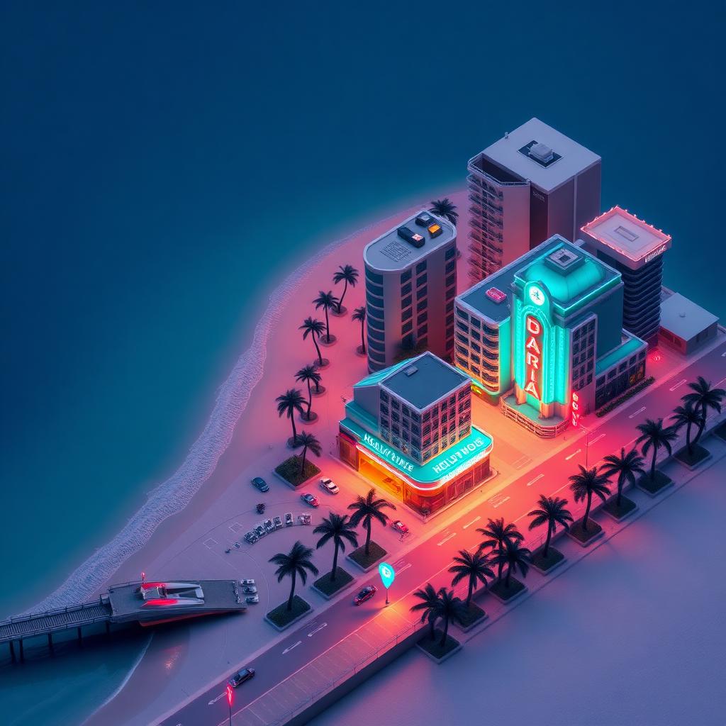 3D isometric diorama of HOLLYWOOD · ELECTRICIANS with neon map pins on the county outline