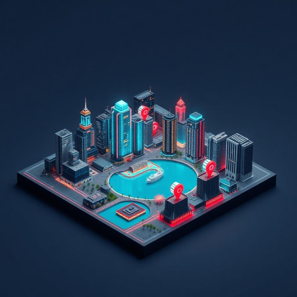 3D isometric diorama of MIAMI · WEB DEVELOPMENT with neon map pins on the county outline