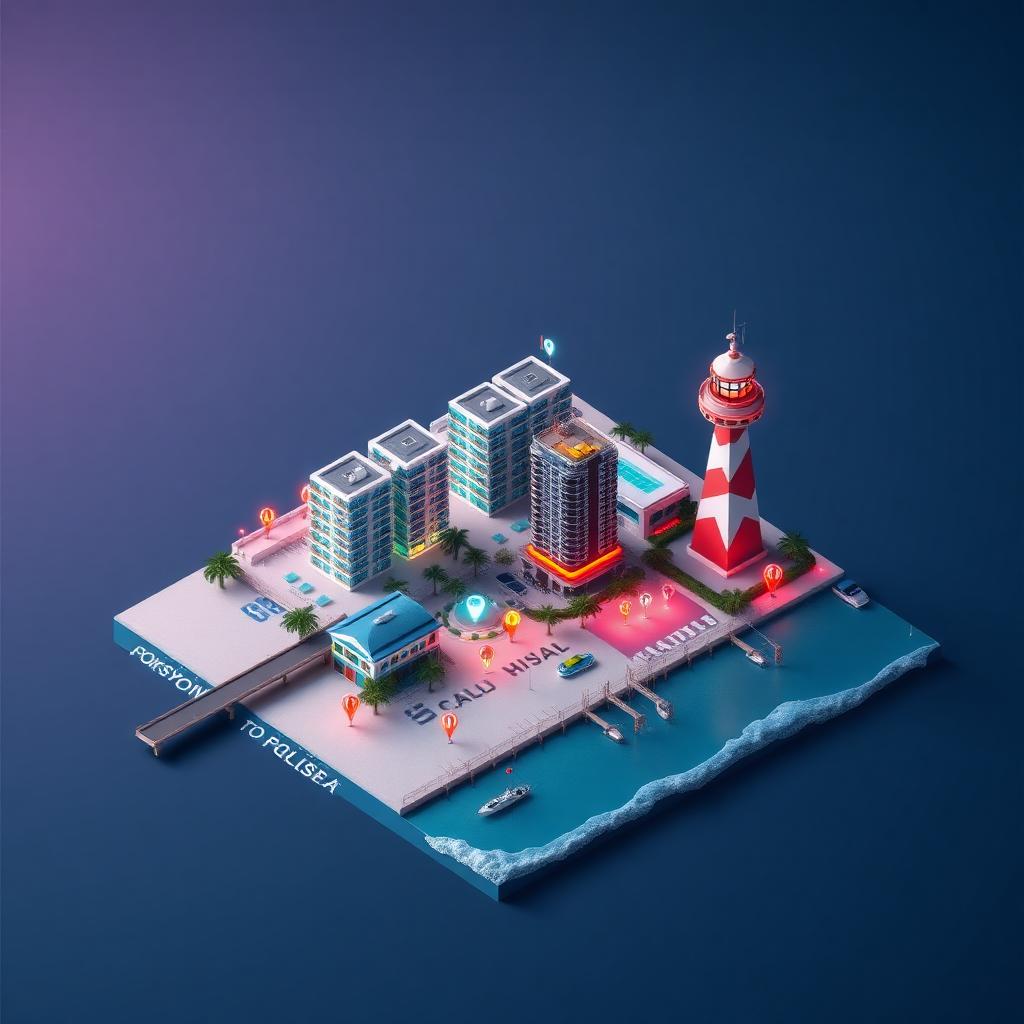 3D isometric diorama of POMPANO BEACH · BROWARD COUNTY with neon map pins on the county outline