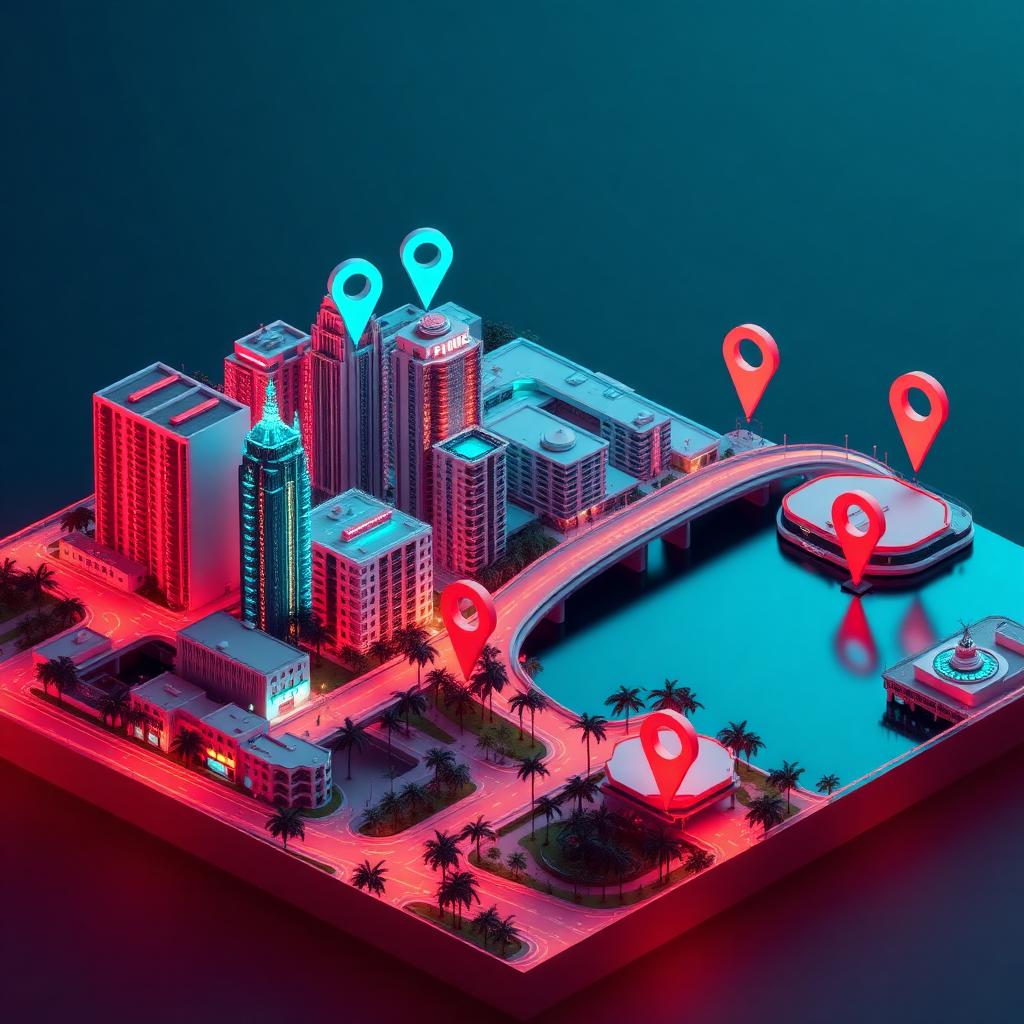 3D isometric diorama of WEST PALM BEACH · CONVERSION RATE OPTIMIZATION with neon map pins on the county outline