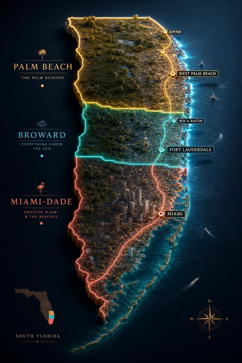 Premium 3D isometric map of South Florida showing Palm Beach, Broward, and Miami-Dade counties with glowing neon outlines and labeled cities (Jupiter, West Palm Beach, Boca Raton, Fort Lauderdale, Miami)